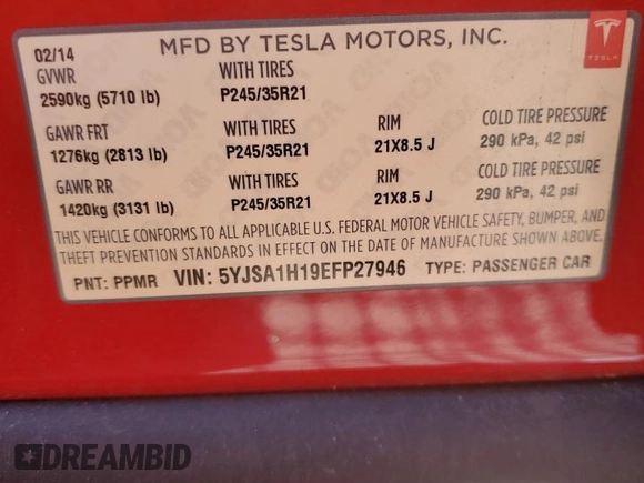 2014 Tesla Model S 60 z VIN 5YJSA1H19EFP27946, wystawiony jako Copart lot #61284625 z przebiegiem 109 147 mil mil oraz Szkoda całkowita • Salvage title. Historia ofert i sprzedaży dostępna na DreamBid. Obrazek 12.