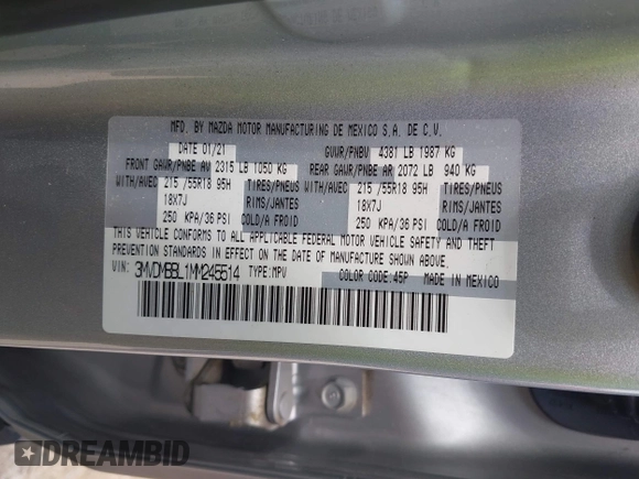 2021 Mazda CX-30 Select with VIN 3MVDMBBL1MM245514, listed as a IAAI auction lot 42517295 with 71,270 mi miles and . Bid and sale history available at DreamBid. Image 9.