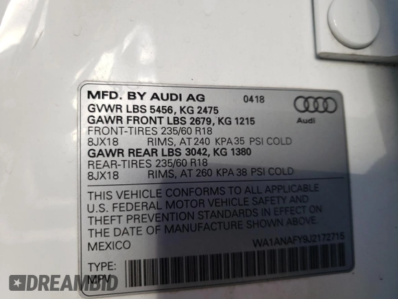 2018 Audi Q5 Premium with VIN WA1ANAFY9J2172715, listed as a Copart auction lot 68023702 with 54,879 mi miles. Bid and sale history available at carsss.com. Image 16.