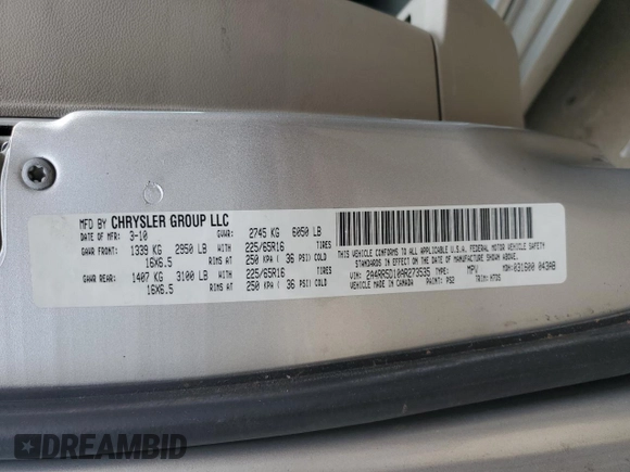 2010 Chrysler Town & Country Touring z VIN 2A4RR5D10AR273535, wystawiony jako Copart lot #54356665 z przebiegiem 238 132 mil mil oraz Szkoda całkowita • Salvage title. Historia ofert i sprzedaży dostępna na DreamBid. Obrazek 13.