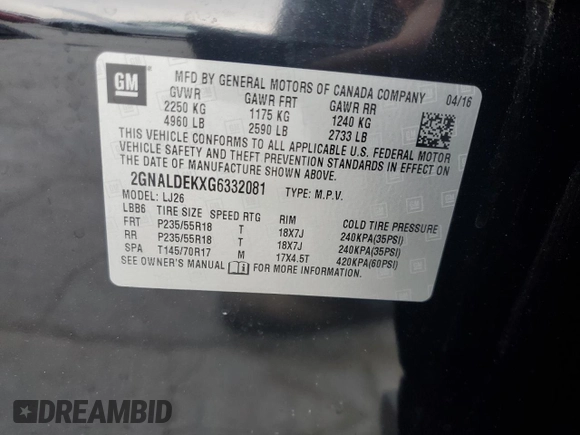 2016 Chevrolet Equinox LTZ z VIN 2GNALDEKXG6332081, wystawiony jako Copart lot #56972925 z przebiegiem 97 460 mil mil oraz Szkoda całkowita • Salvage title. Historia ofert i sprzedaży dostępna na DreamBid. Obrazek 13.