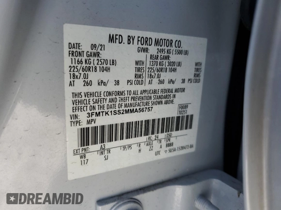 2021 Ford Mustang Mach-E Select with VIN 3FMTK1SS2MMA56757, listed as a Copart auction lot 50552335 with 40,049 mi miles and Non Repairable. Bid and sale history available at DreamBid. Image 13.
