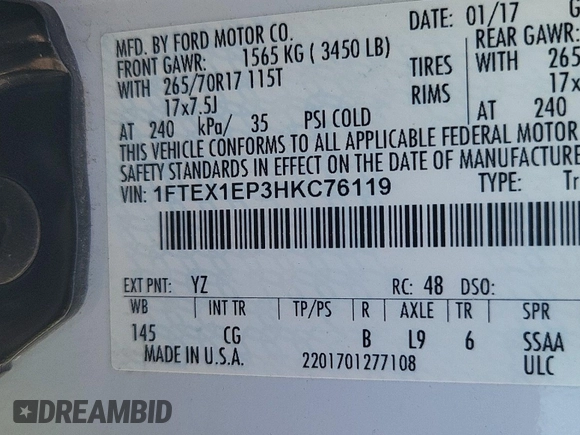 2017 Ford F-150 XL with VIN 1FTEX1EP3HKC76119, listed as a IAAI auction lot 42844369 with 193,396 mi miles and . Bid and sale history available at DreamBid. Image 10.