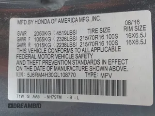 2016 Honda CR-V LX with VIN 5J6RM4H30GL108770, listed as a IAAI auction lot 42017944 with 69,531 mi miles. Bid and sale history available at carsss.com. Image 9.