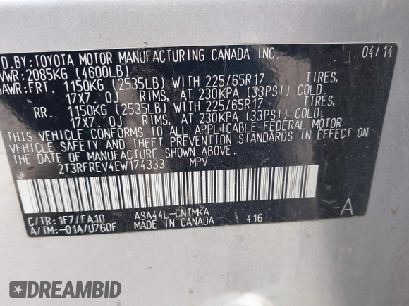 2014 Toyota RAV4 XLE with VIN 2T3RFREV4EW174333, listed as a IAAI auction lot 41890491 with 116,648 mi miles. Bid and sale history available at carsss.com. Image 9.