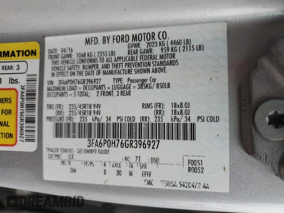 2016 Ford Fusion SE with VIN 3FA6P0H76GR396927, listed as a Copart auction lot 45059165 with 96,099 mi miles and Salvage Title. Bid and sale history available at carsss.com. Image 14.
