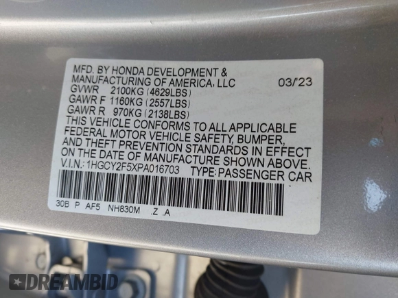 2023 Honda Accord Sport with VIN 1HGCY2F5XPA016703, listed as a IAAI auction lot 41802619 with 100,293 mi miles and . Bid and sale history available at DreamBid. Image 9.