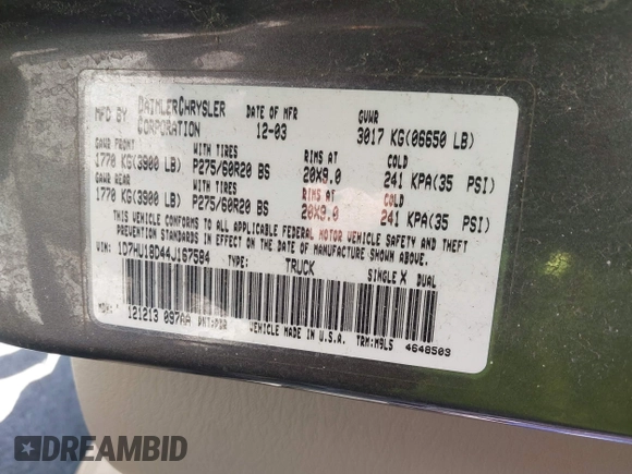 2004 Dodge 1500 SLT with VIN 1D7HU18D44J167584, listed as a IAAI auction lot 42006792 with 142,589 mi miles and . Bid and sale history available at DreamBid. Image 9.
