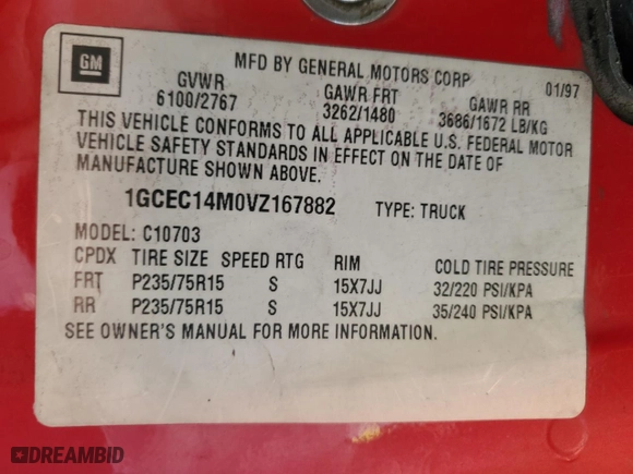1997 Chevrolet C/K 1500 with VIN 1GCEC14M0VZ167882, listed as a Copart auction lot 85898414 with 251,338 mi miles and Salvage Title. Bid and sale history available at carsss.com. Image 14.