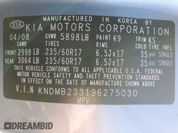 2009 Kia Sedona EX with VIN KNDMB233196275030, listed as a Copart auction lot 71997154 with 96,777 mi miles and Salvage Title. Bid and sale history available at carsss.com. Image 15.