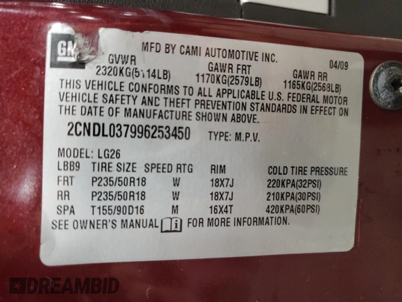 2009 Chevrolet Equinox Sport with VIN 2CNDL037996253450, listed as a Copart auction lot 48936045 with 168,167 mi miles and Non Repairable. Bid and sale history available at carsss.com. Image 13.