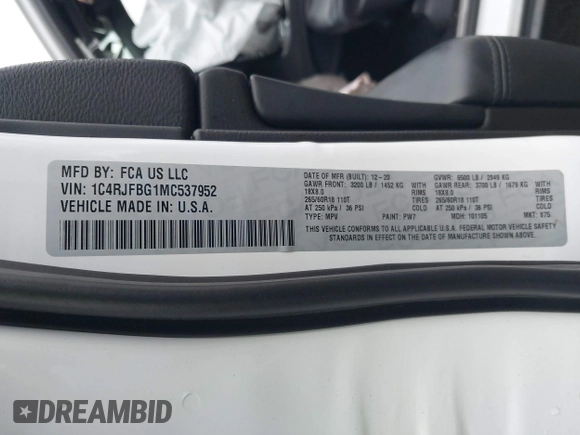 2021 Jeep Grand Cherokee 80th Anniversary with VIN 1C4RJFBG1MC537952, listed as a IAAI auction lot 41951647 with 39,744 mi miles and . Bid and sale history available at DreamBid. Image 9.