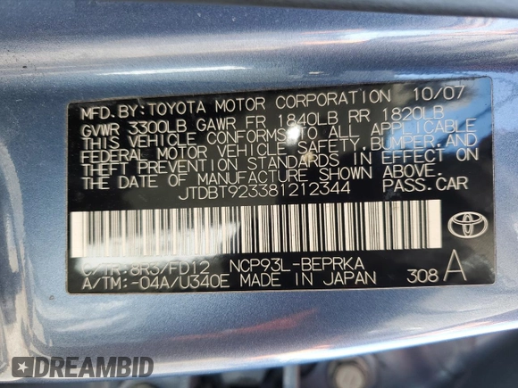 2008 Toyota Yaris with VIN JTDBT923381212344, listed as a Copart auction lot 52312195 with 152,750 mi miles and Salvage Title. Bid and sale history available at carsss.com. Image 12.