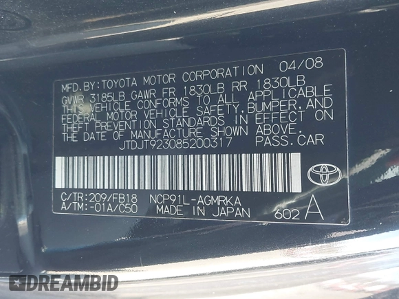 2008 Toyota Yaris with VIN JTDJT923085200317, listed as a IAAI auction lot 41918548 with 168,727 mi miles. Bid and sale history available at carsss.com. Image 9.