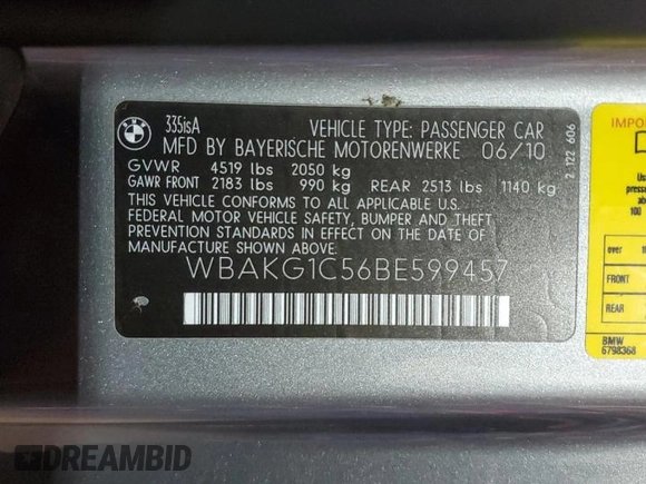 2011 BMW 3 Series 335is with VIN WBAKG1C56BE599457, listed as a Copart auction lot 52412655 with 134,497 mi miles and Clean title. Bid and sale history available at DreamBid. Image 12.