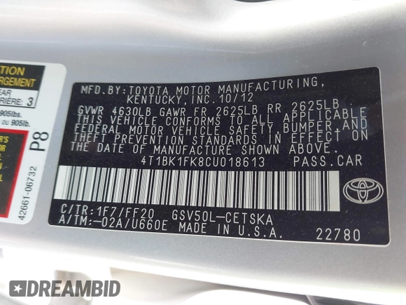 2012 Toyota Camry SE with VIN 4T1BK1FK8CU018613, listed as a IAAI auction lot 41016706 with 132,794 mi miles. Bid and sale history available at carsss.com. Image 9.