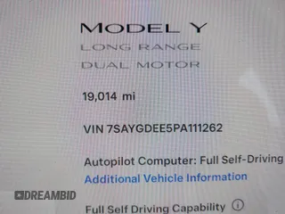 2023 Tesla Model Y Long Range with VIN 7SAYGDEE5PA111262, listed as a IAAI auction lot 42341148 with 19,014 mi miles and . Bid and sale history available at DreamBid. Image 15.