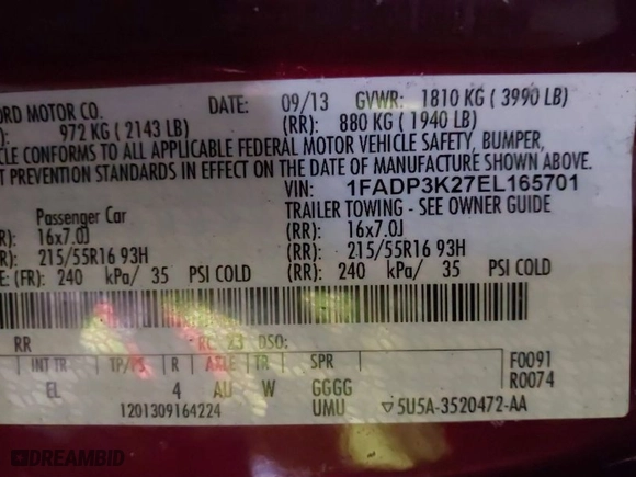 2014 Ford Focus SE with VIN 1FADP3K27EL165701, listed as a IAAI auction lot 41592736 with 119,115 mi miles. Bid and sale history available at carsss.com. Image 9.