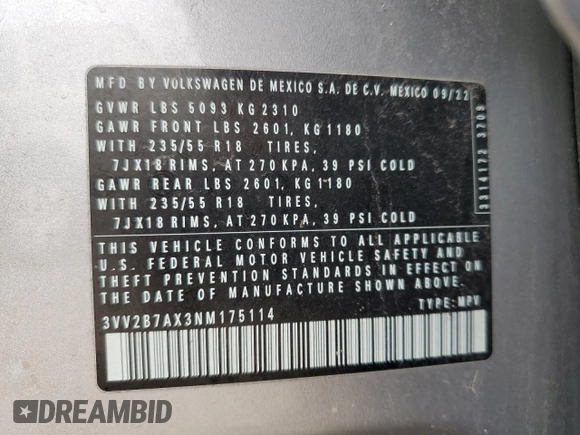 2022 Volkswagen Tiguan SE with VIN 3VV2B7AX3NM175114, listed as a Copart auction lot 52136025 with 35,906 mi miles and Salvage title. Bid and sale history available at DreamBid. Image 13.