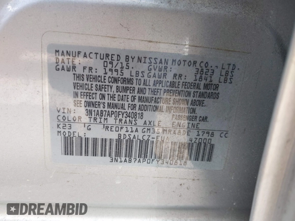 2015 Nissan Sentra SR with VIN 3N1AB7AP0FY340818, listed as a IAAI auction lot 41897454 with 146,030 mi miles and . Bid and sale history available at DreamBid. Image 9.