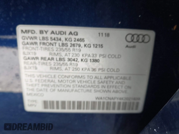2019 Audi Q5 Prestige with VIN WA1CNAFY4K2021839, listed as a IAAI auction lot 41764032 with 30,704 mi miles. Bid and sale history available at carsss.com. Image 9.