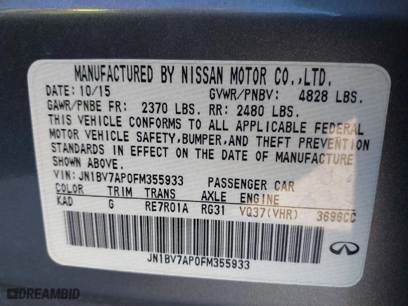 2015 Infiniti Q50 Premium with VIN JN1BV7AP0FM355933, listed as a IAAI auction lot 41684066 with 116,230 mi miles. Bid and sale history available at carsss.com. Image 9.