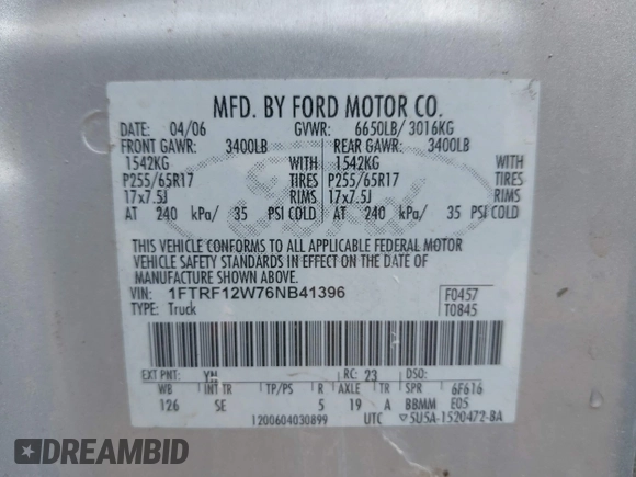 2006 Ford F-150 XL with VIN 1FTRF12W76NB41396, listed as a IAAI auction lot 42305923 with 379,283 mi miles and . Bid and sale history available at DreamBid. Image 9.