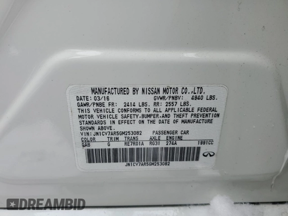 2016 Infiniti Q50 Premium with VIN JN1CV7AR5GM253082, listed as a Copart auction lot 43838735 with Not Provided miles and Salvage Title. Bid and sale history available at DreamBid. Image 14.
