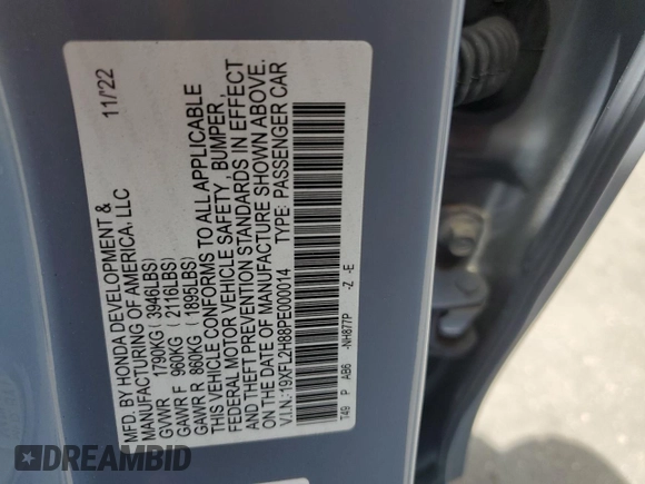 2023 Honda Civic Sport with VIN 19XFL2H88PE000014, listed as a Copart auction lot 55997375 with 28,892 mi miles and Salvage Title. Bid and sale history available at DreamBid. Image 12.