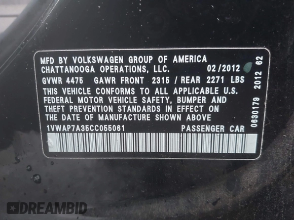 2012 Volkswagen Passat S with VIN 1VWAP7A35CC055061, listed as a IAAI auction lot 41745199 with 203,266 mi miles and . Bid and sale history available at DreamBid. Image 9.
