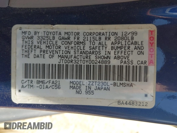 2000 Toyota Celica GT with VIN JTDDR32T0Y0024889, listed as a IAAI auction lot 41695008 with 146,217 mi miles and . Bid and sale history available at DreamBid. Image 9.