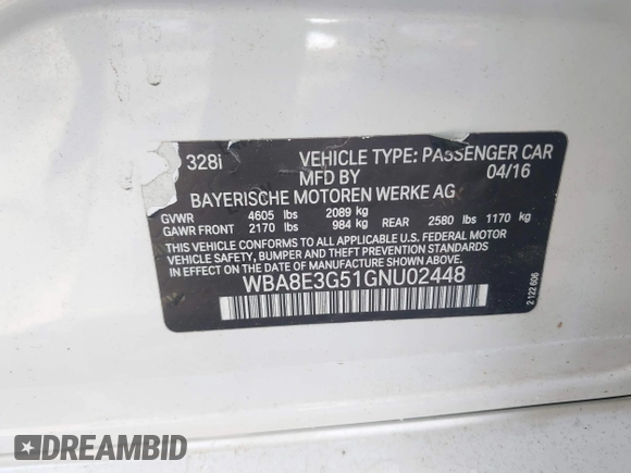 2016 BMW 3 Series 328i xDrive with VIN WBA8E3G51GNU02448, listed as a IAAI auction lot 42259401 with 109,653 mi miles and . Bid and sale history available at DreamBid. Image 9.