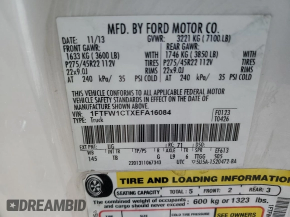 2014 Ford F-150 XL with VIN 1FTFW1CTXEFA16084, listed as a Copart auction lot 49493315 with 104,831 mi miles and Salvage Title. Bid and sale history available at carsss.com. Image 13.