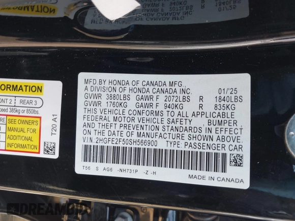 2025 Honda Civic Sport with VIN 2HGFE2F50SH566900, listed as a IAAI auction lot 42072544 with 726 mi miles and . Bid and sale history available at DreamBid. Image 9.