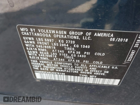 2018 Volkswagen Atlas SE with VIN 1V2KR2CA8JC575136, listed as a IAAI auction lot 42145011 with 139,107 mi miles and . Bid and sale history available at DreamBid. Image 9.