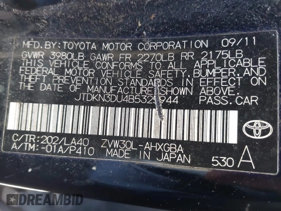 2011 Toyota Prius I with VIN JTDKN3DU4B5325944, listed as a IAAI auction lot 42028437 with 181,453 mi miles. Bid and sale history available at carsss.com. Image 9.
