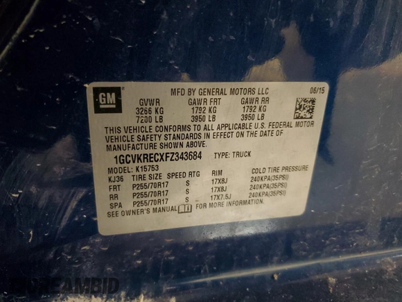 2015 Chevrolet Silverado 1500 LT with VIN 1GCVKRECXFZ343684, listed as a Copart auction lot 46221995 with 118,810 mi miles and Salvage Title. Bid and sale history available at DreamBid. Image 14.