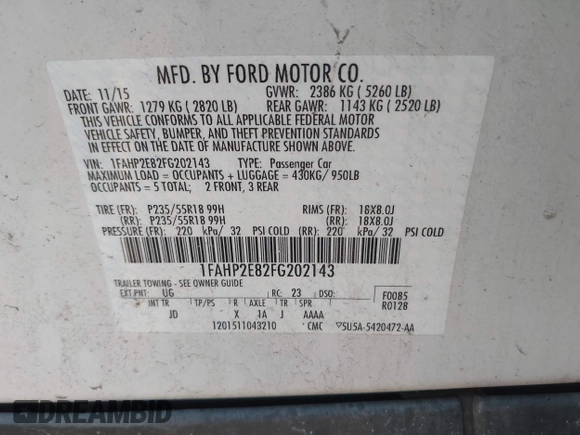 2015 Ford Taurus SEL with VIN 1FAHP2E82FG202143, listed as a IAAI auction lot 42053737 with 113,839 mi miles and . Bid and sale history available at carsss.com. Image 9.