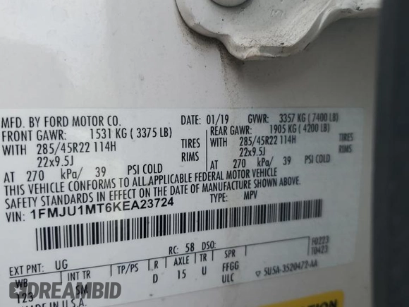 2019 Ford Expedition Platinum with VIN 1FMJU1MT6KEA23724, listed as a Copart auction lot 58489015 with 104,539 mi miles and Salvage title. Bid and sale history available at DreamBid. Image 14.