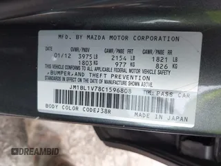 2012 Mazda 3 i Touring with VIN JM1BL1V78C1596808, listed as a IAAI auction lot 42004109 with Not Provided miles and . Bid and sale history available at DreamBid. Image 9.