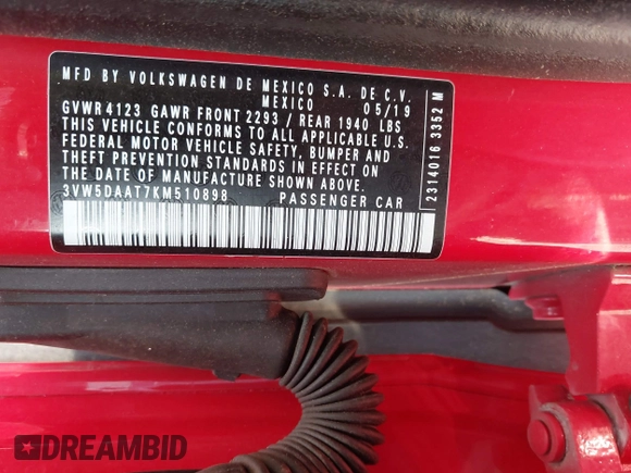 2019 Volkswagen Beetle S with VIN 3VW5DAAT7KM510898, listed as a IAAI auction lot 42567677 with Not provided miles and . Bid and sale history available at DreamBid. Image 9.
