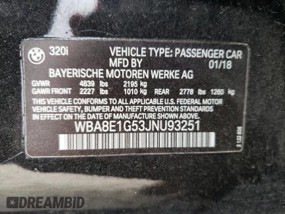 2018 BMW 3 Series 320i with VIN WBA8E1G53JNU93251, listed as a Copart auction lot 44211855 with 51,692 mi miles and Salvage Title. Bid and sale history available at carsss.com. Image 12.