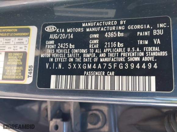 2015 Kia Optima LX with VIN 5XXGM4A75FG394494, listed as a IAAI auction lot 41596274 with 1 mi miles. Bid and sale history available at carsss.com. Image 9.