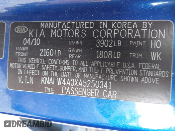2010 Kia Forte SX with VIN KNAFW4A3XA5250341, listed as a IAAI auction lot 41698461 with 124,334 mi miles. Bid and sale history available at carsss.com. Image 9.
