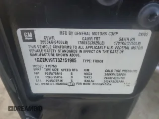 2003 Chevrolet Silverado 1500 with VIN 1GCEK19T73Z151985, listed as a Copart auction lot 85749584 with 296,521 mi miles and Salvage Title. Bid and sale history available at carsss.com. Image 12.