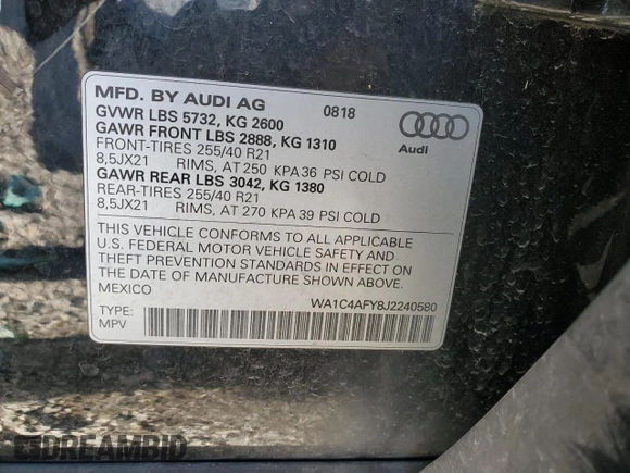 2018 Audi SQ5 Prestige with VIN WA1C4AFY8J2240580, listed as a Copart auction lot 82653194 with 72,600 mi miles and Salvage Title. Bid and sale history available at DreamBid. Image 12.