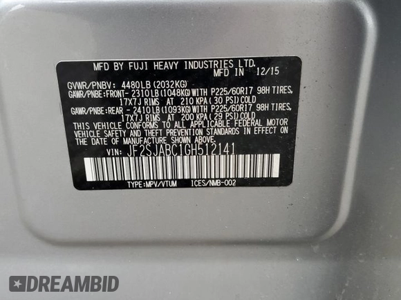 2016 Subaru Forester 2.5i with VIN JF2SJABC1GH512141, listed as a Copart auction lot 52826545 with 86,003 mi miles and Salvage Title. Bid and sale history available at carsss.com. Image 16.