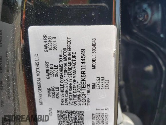 2024 Chevrolet Colorado 4WD Trail Boss with VIN 1GCPTEEK5R1144549, listed as a Copart auction lot 57279925 with 12,638 mi miles and Salvage title. Bid and sale history available at DreamBid. Image 13.