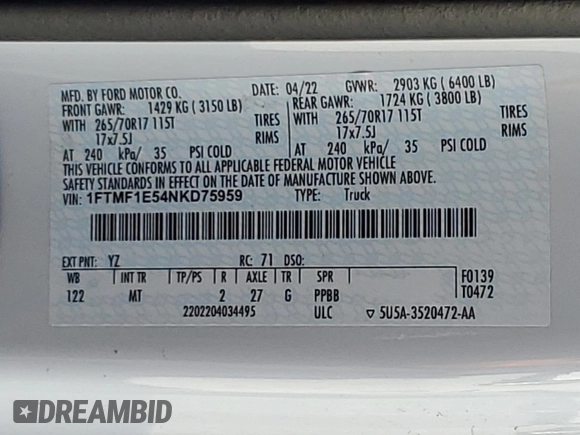 2022 Ford F-150 XL with VIN 1FTMF1E54NKD75959, listed as a Copart auction lot 37162664 with 56,564 mi miles and Salvage Title. Bid and sale history available at DreamBid. Image 14.
