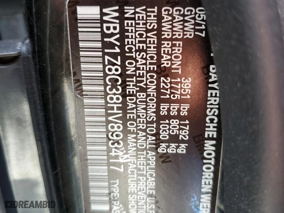 2017 BMW i3 with VIN WBY1Z8C38HV893417, listed as a Copart auction lot 53063865 with 28,910 mi miles and Salvage Title. Bid and sale history available at carsss.com. Image 14.